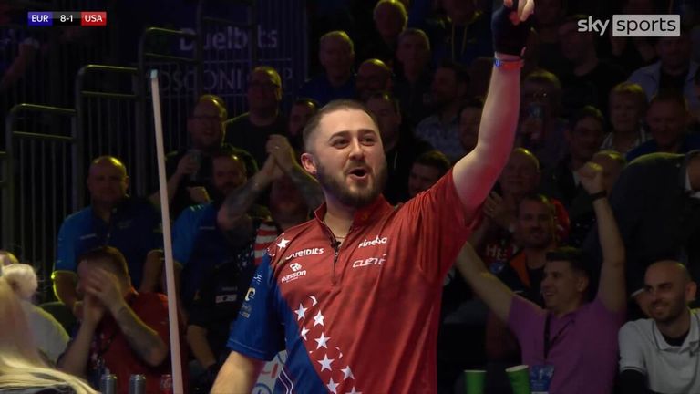 USA's Skyler Woodward hit two golden breaks against Europe at the Mosconi Cup.