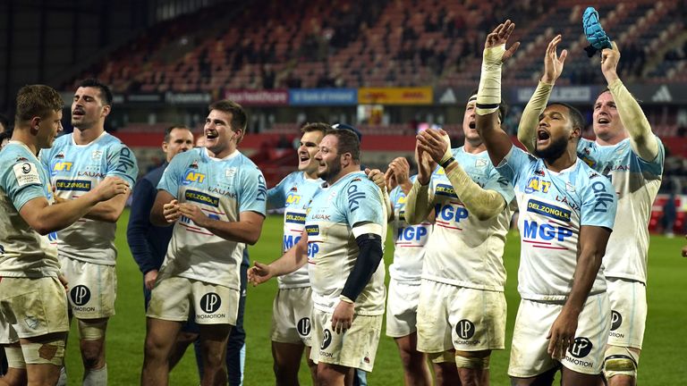 Bayonne celebrate a valuable Champions Cup draw at Thomond Park, on their debut in the tournament 