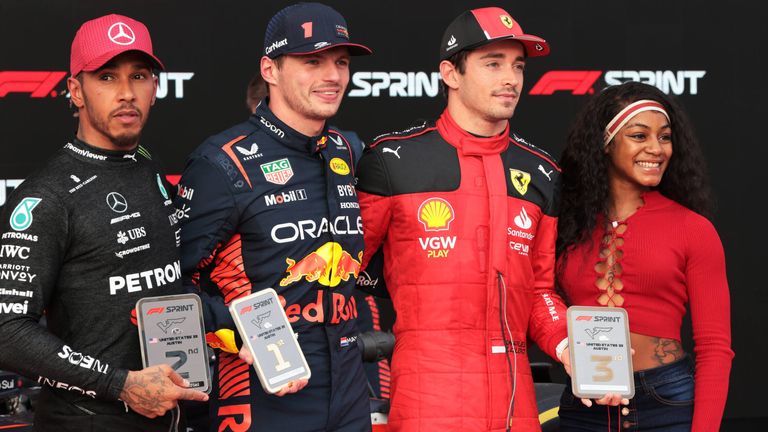 Verstappen, Hamilton and Leclerc pictured with American sprinter Sha'Carri Richardson after the US GP Sprint in Austin this year
