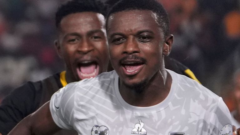 South Africa's Teboho Mokoena celebrates with team-mates after scoring to make it 2-0