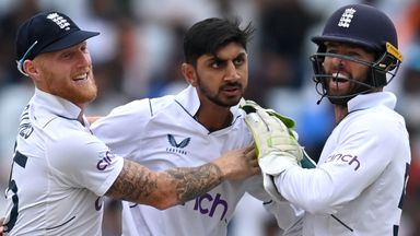 Shoaib Bashir celebrates one of his four wickets on the second day of the fourth Test in Ranchi