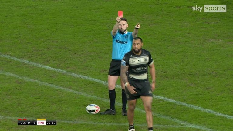 Hull KR's Matt Parcell is shown a yellow for an infringement on Ligi Sao, before the FC man is shown a red for retaliation