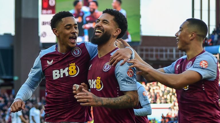 Aston Villa's Douglas Luiz celebrates after scoring his side's second goal