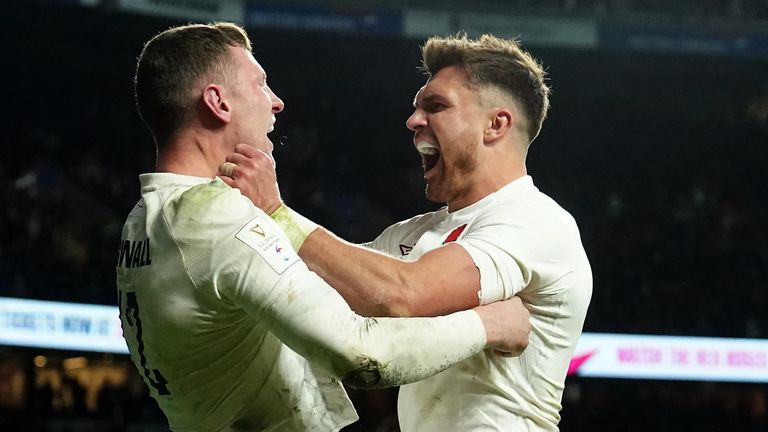 England's Fraser Dingwall celebrates scoring a crucial second half try with Henry Slade vs Wales