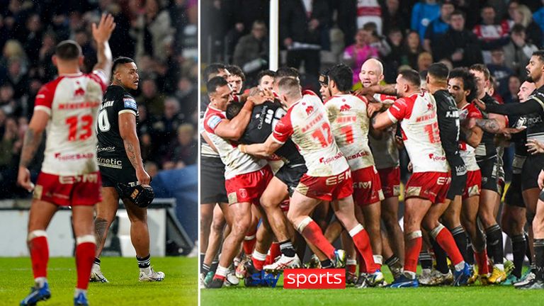 A debut to forget for Hull FC's Franklin Pele as he was sent off for a swinging arm which sparked a wild brawl between the two sets of players