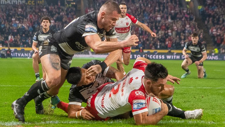 Hull KR's off-season recruit Niall Evalds powers over the line to get his team of to the perfect start against Hull FC