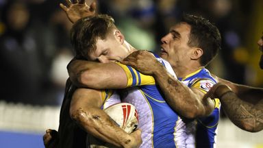Lachlan Miller celebrates a try for Leeds against Castleford