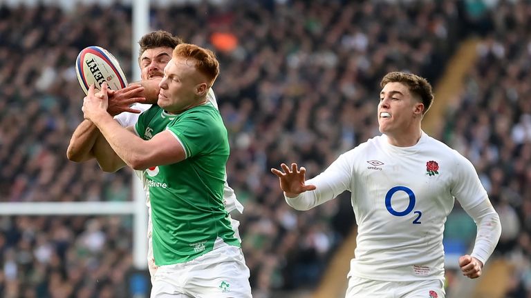 A second England try was ruled out after George Furbank knocked on in a tussle for the ball with Ciaran Frawley 