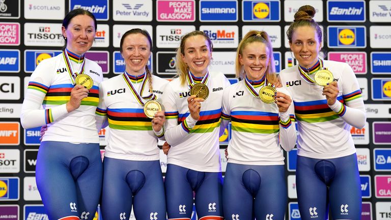Great Britain's Katie Archibald, Anna Morris, Elinor Barker and Josie Knight  won Women Elite Team Pursuit at the 2023 UCI World Championship
