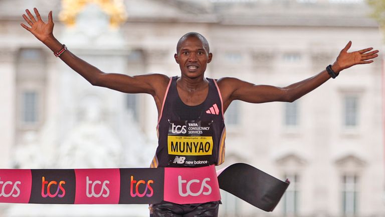 Alexander Mutiso Munyao of Kenya crosses the finish line to win the men's race at the London Marathon