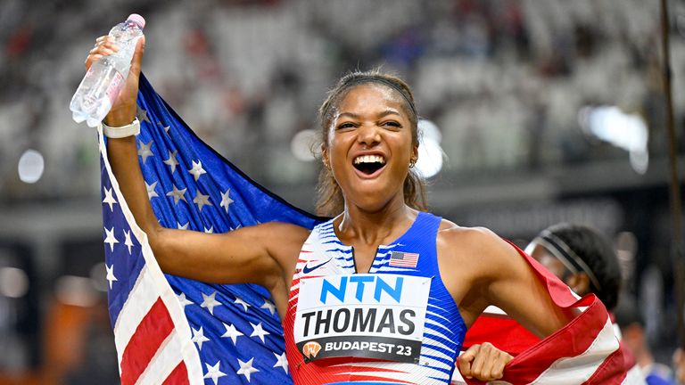 Thomas celebrates after their gold medal win in the Women's 4x100m relay final during last year's World Athletics Championships