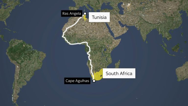 Cook's route across the entire length of Africa, having started running in April 2023 