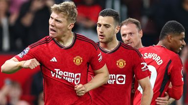 Rasmus Hojlund (left) celebrates after scoring Manchester United's third goal