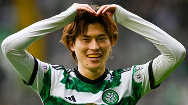 Kyogo Furuhashi celebrates after scoring Celtic's opener