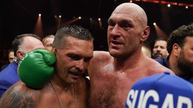 Oleksandr Usyk and Tyson Fury embrace after the final bell of their fight earlier this month
