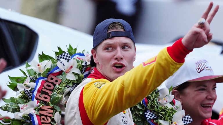 Josef Newgarden celebrates after claiming back-to-back Indy 500 triumphs