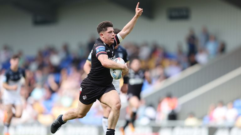 London Broncos' Oli Leyland on his way to scoring a try