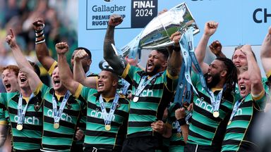 Departing Northampton Saints players Courtney Lawes and Lewis Ludlam lift the Premiership trophy after a dramatic victory vs Bath