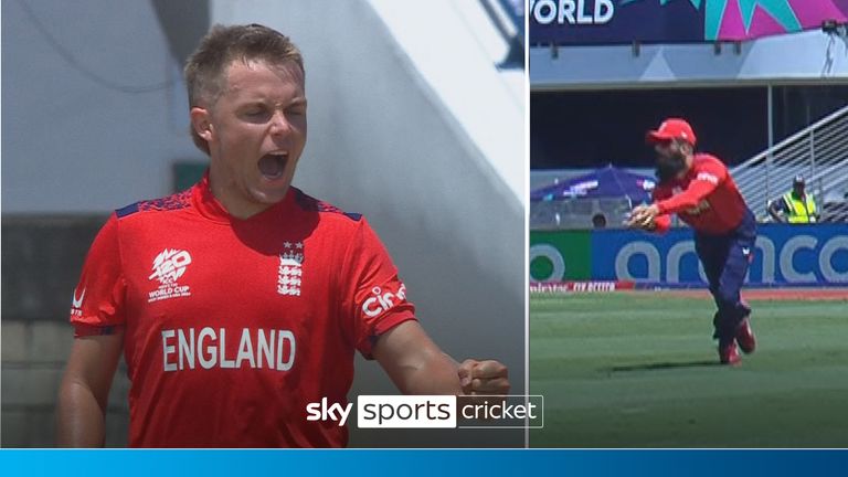 Moeen Ali dives to take a catch at point to remove Steven Taylor giving Sam Curran his 50th international T20 wicket