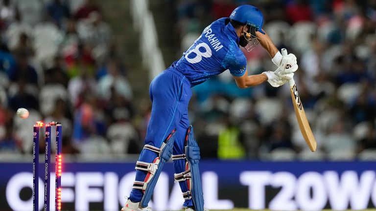 Ibrahim Zadran was bowled by South Africa's Kagiso Rabada as Afghanistan were rolled for their lowest T20I score of 56 