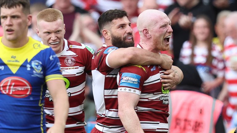 Wigan captain Liam Farrell celebrates a try in the win over Warrington