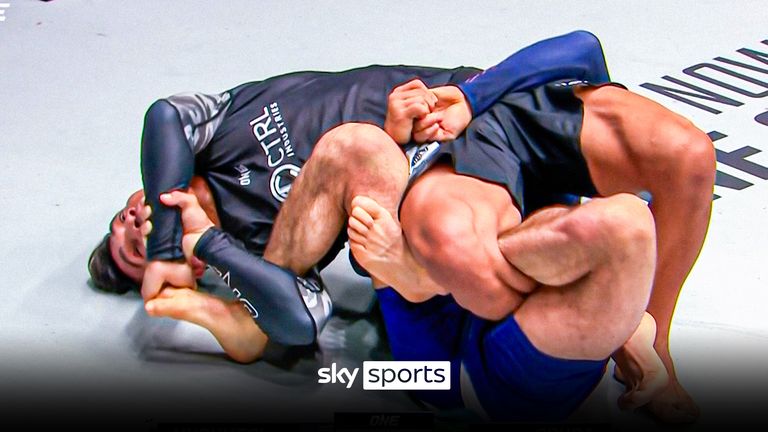 Mikey Musumeci applies a painful calf-slicer to get the win over opponent Gabriel Sousa at ONE 167