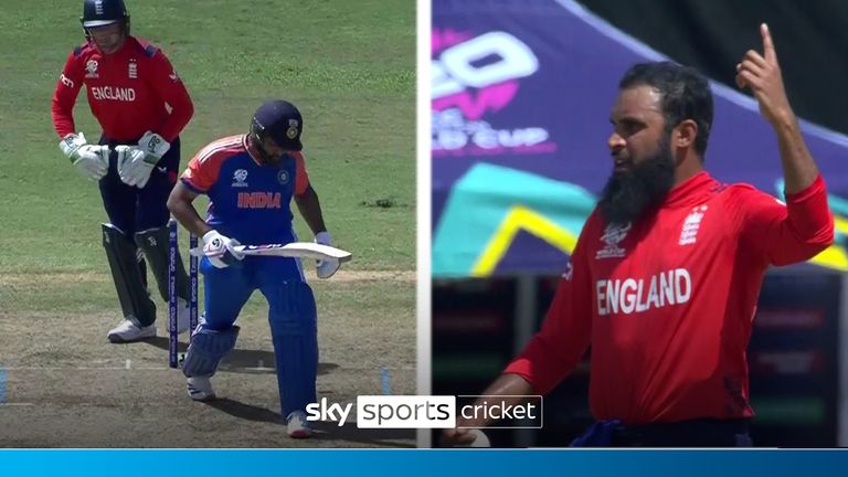 Adil Rashid's googly does the trick and he takes the big wicket of India's Rohit Sharma.