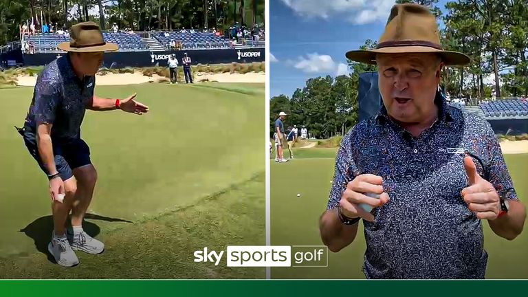 Wayne Riley demonstrates how hard the greens are going to be at the 2024 US Open at Pinehurst Resort