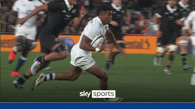 Immanuel Feyi-Waboso crossed for the first England try in the second Test against New Zealand