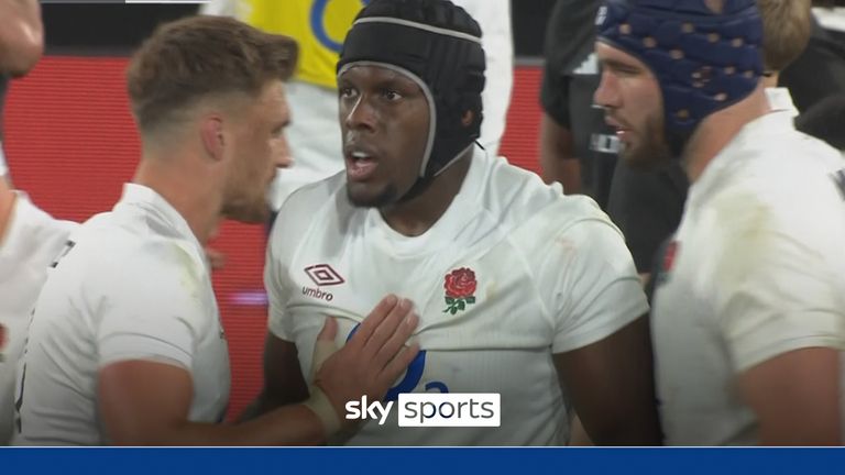 Maro Itoje powers over to score England's opening try in the first Test against New Zealand