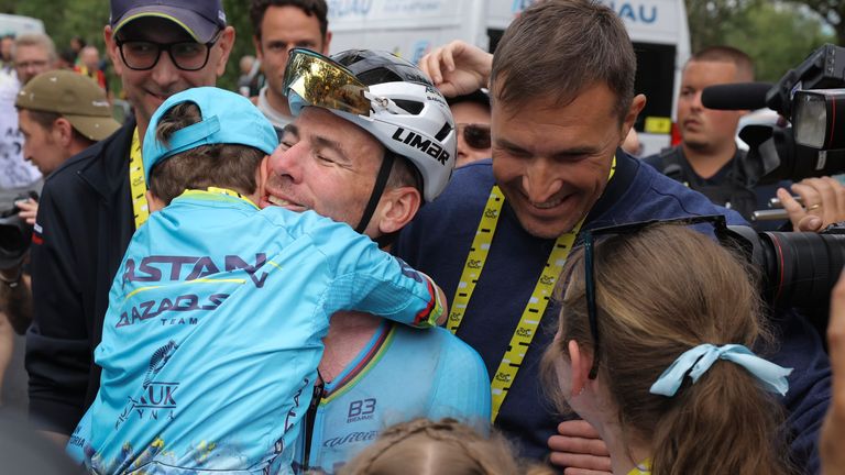 Cavendish celebrated with his family after clinching a history-making 35th Tour de France stage win