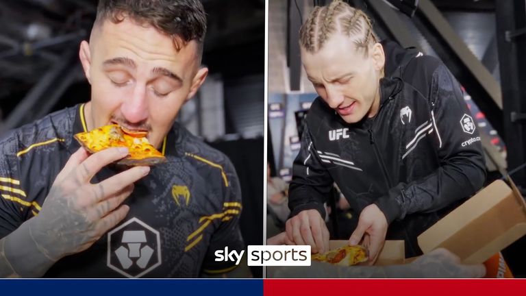 Tom Aspinall and Paddy Pimblett share a celebratory slice of pizza after picking up huge wins at UFC 304 in Manchester