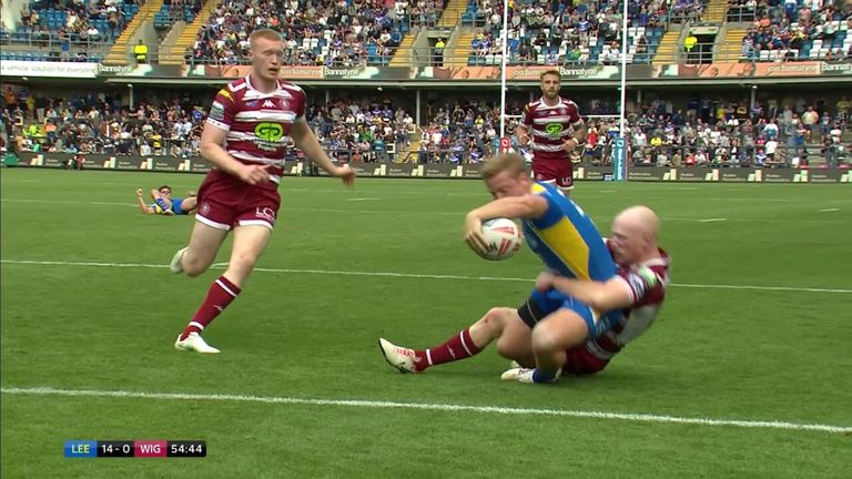 Lachlan Miller scores a sensational try after a huge run to put Leeds on top