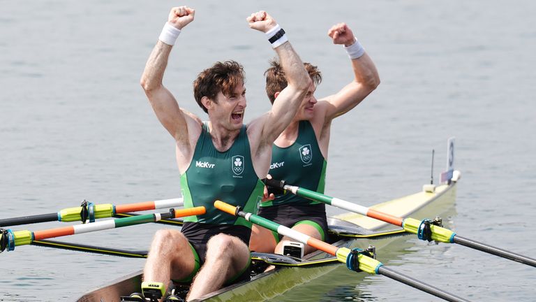 Ireland's Fintan McCarthy and Paul O'Donovan celebrate winning gold the men's lightweight double sculls