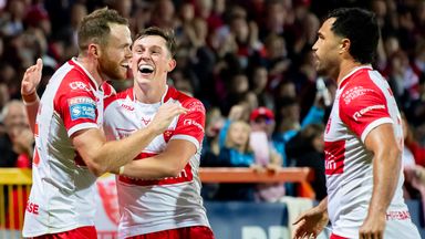 Joe Burgess celebrates his try for Hull KR as they booked a home semi-final with victory over Leeds