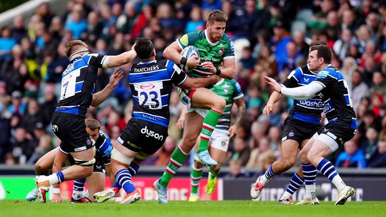 Tigers' Freddie Steward (second right) is tackled by Pepper (left), Jaco Coetzee (second left) and Ben Spencer