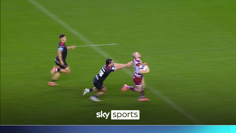 Wigan Warriors' Liam Marshall scores his second try against Salford Red Devils