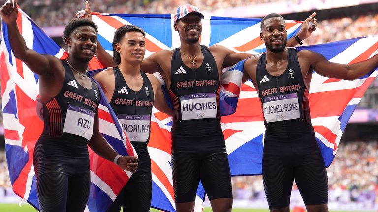 (L to R) Team GB's Jeremiah Azu, Louie Hinchliffe, Zharnel Hughes and Nethaneel Mitchell-Blake celebrate winning bronze in the Men's 4x100m relay final in Paris at the 2024 Olympics