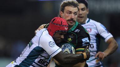 Gloucester's Christian Wade tackles Northampton's James Ramm in their Premiership win at Franklin's Gardens