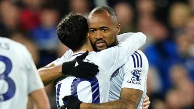 Jordan Ayew is congratulated after scoring a late equaliser for Leicester 