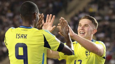 Sweden's Alexander Isak, left, celebrates with Viktor Gyokeres after scoring his side's second goal during the UEFA Nations League match against Azerbaijan