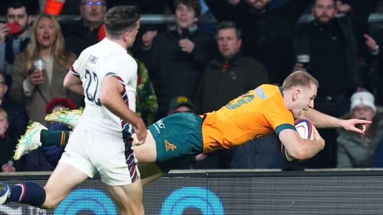 Max Jorgensen's late try sparked wild celebrations from this Australian teammates 