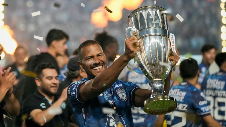 Salomon Rondon lifts the trophy after winning the CONCACAF Champions Cup final with Mexican side Pachuca