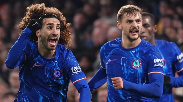 Chelsea's Marc Cucurella celebrates scoring the Blues' second goal against Wolves