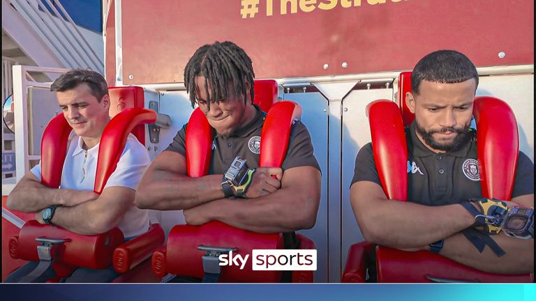 Wigan Warriors players Junior Nsemba and Kruise Leeming take on the Big Shot ride in Las Vegas, alongside Sky Sports' Brian Carney - take a look at the GoPro footage!