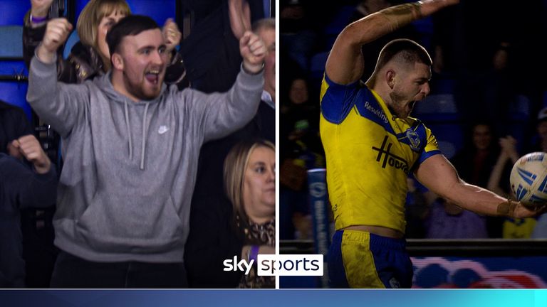 Luke Littler celebrates Danny Walker's try for Warrington Wolves against Catalans Dragons