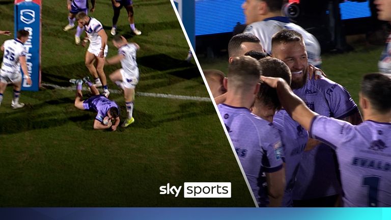 Tom Davies puts Hull KR ahead against Wakefield Trinity after retrieving the ball as it deflected off the crossbar to go under the posts