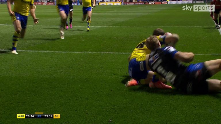 Josh Thewlis goes over in the corner as Warrington take advantage of Palasia's yellow card