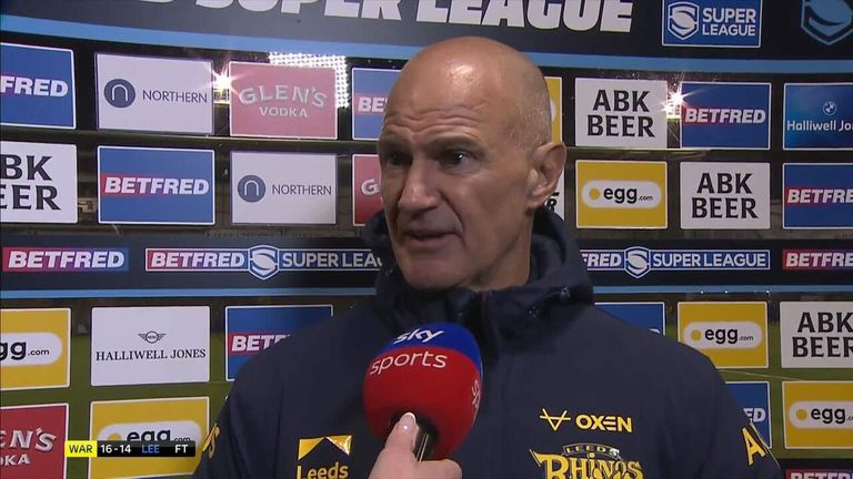 Leeds Rhinos head coach Brad Arthur reacts to his team's defeat away at Warrington Wolves, and believes Keenan Palasia's yellow for a high tackle was a harsh decision