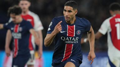 PSG's Achraf Hakimi runs to celebrate after scoring his sides second goal during the Champions League semifinal, second leg soccer match between Paris Saint-Germain and Arsenal at the Parc des Princes in Paris, Wednesday, May 7, 2025. (AP Photo/Thiba